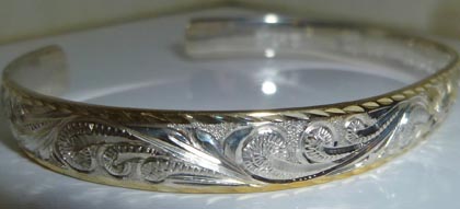 ハワイアンジュエリー Silver Cuff Bangle ～Yg Plating～